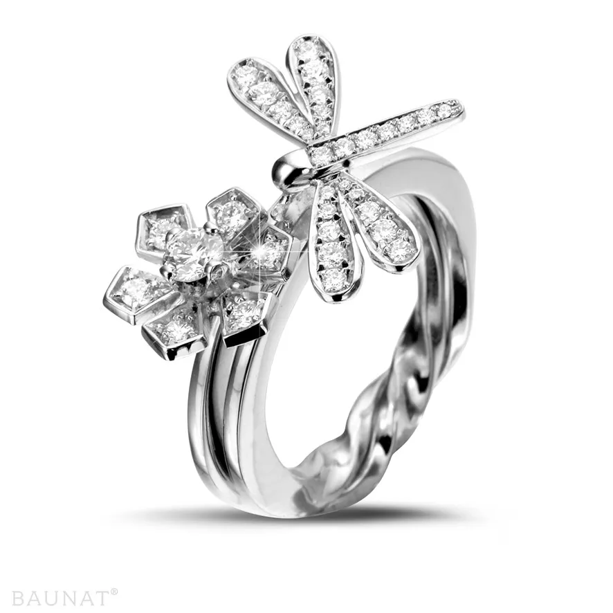 0.55 quilates anillo diamante flor y libélula diseño en oro blanco 