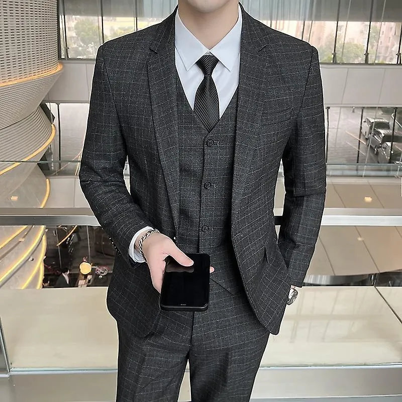 Alta calidad (traje + chaleco + pantalón) Moda de estilo británico Vestido de novia casual de negocios Traje delgado para hombre