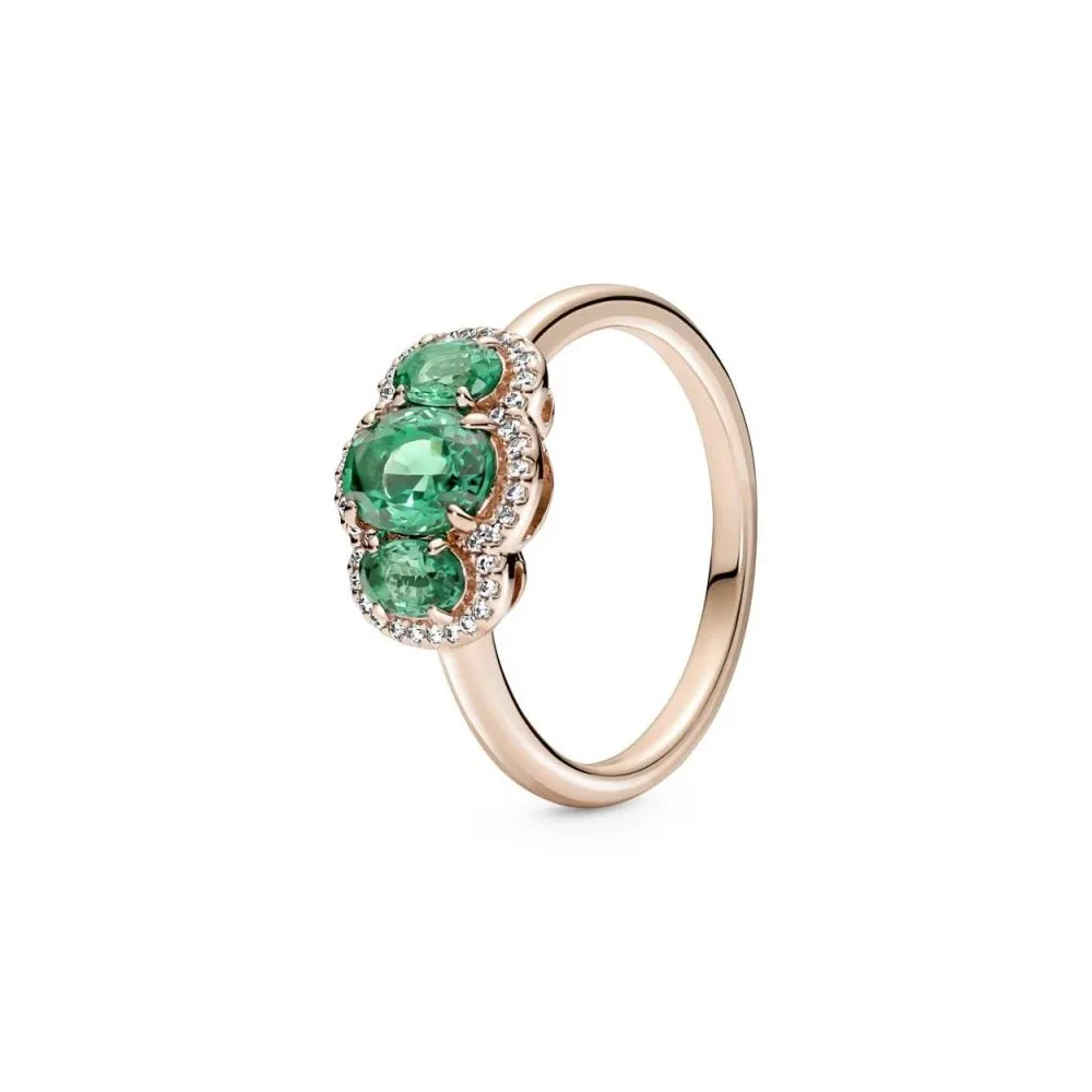 Anillo vintage con recubrimiento rosa de 14k Tres Piedras con cristales verdes