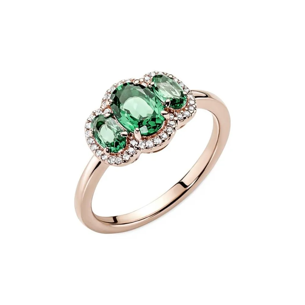 Anillo vintage con recubrimiento rosa de 14k Tres Piedras con cristales verdes