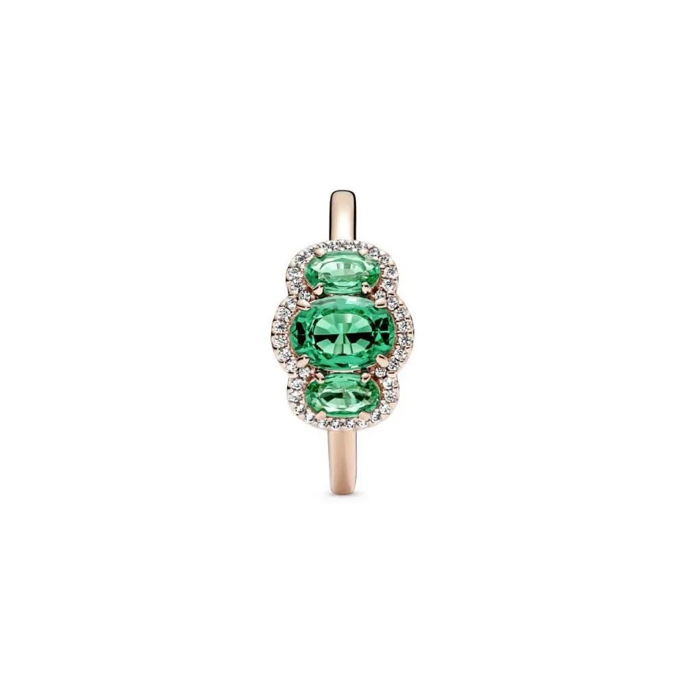 Anillo vintage con recubrimiento rosa de 14k Tres Piedras con cristales verdes