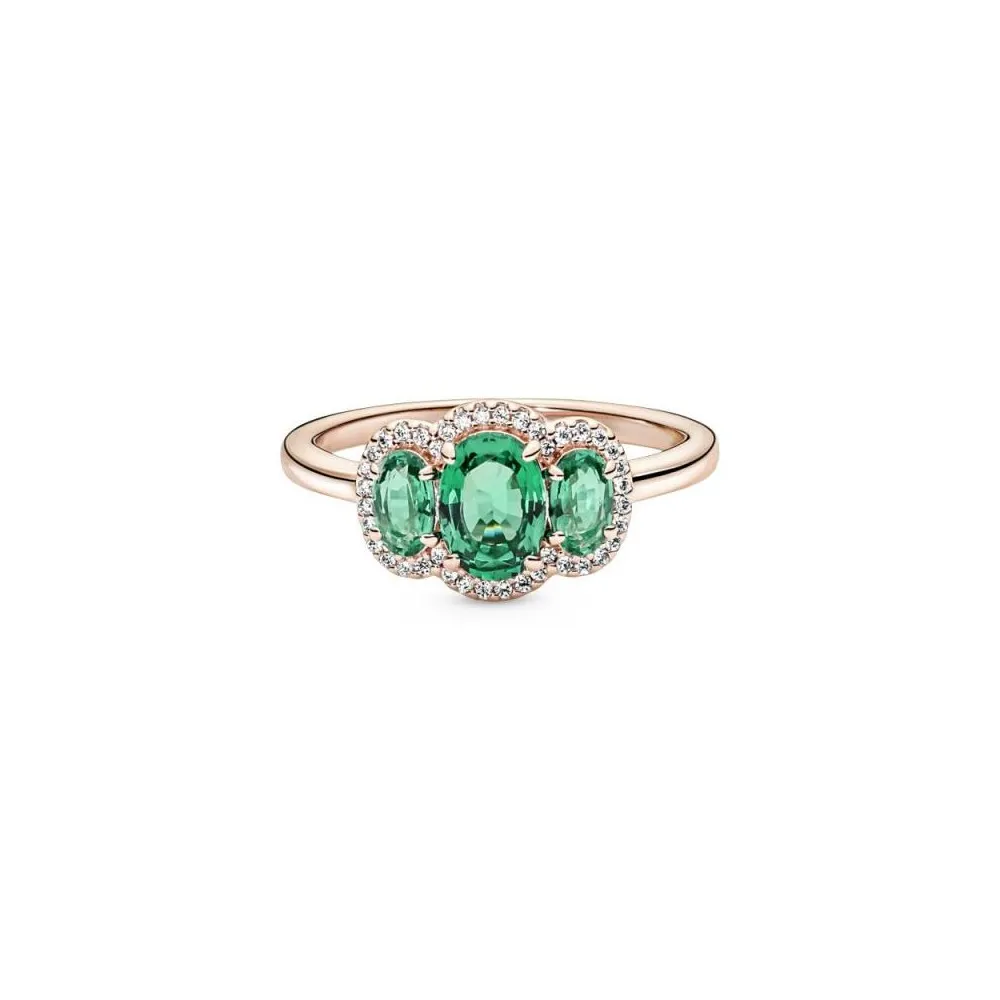 Anillo vintage con recubrimiento rosa de 14k Tres Piedras con cristales verdes