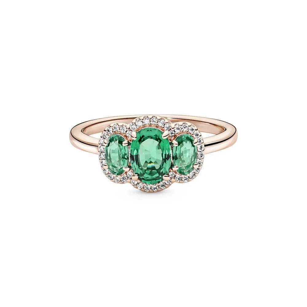 Anillo vintage con recubrimiento rosa de 14k Tres Piedras con cristales verdes