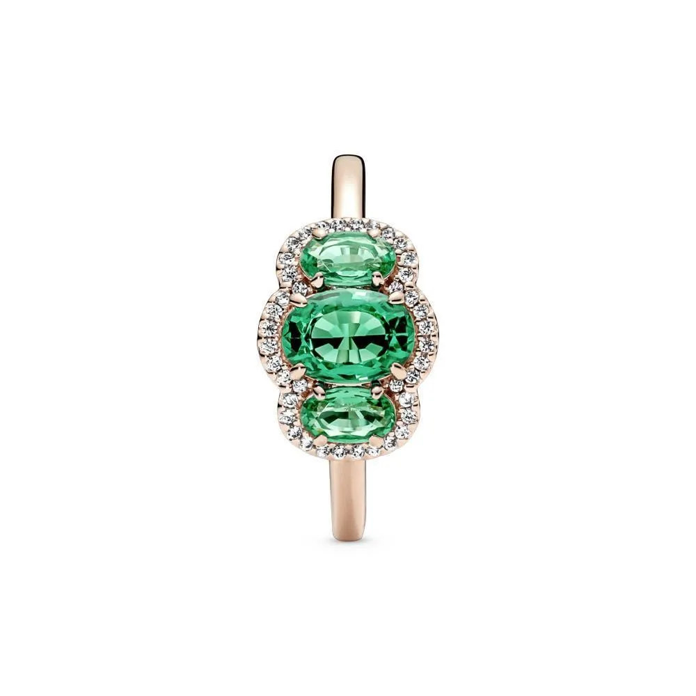 Anillo vintage con recubrimiento rosa de 14k Tres Piedras con cristales verdes