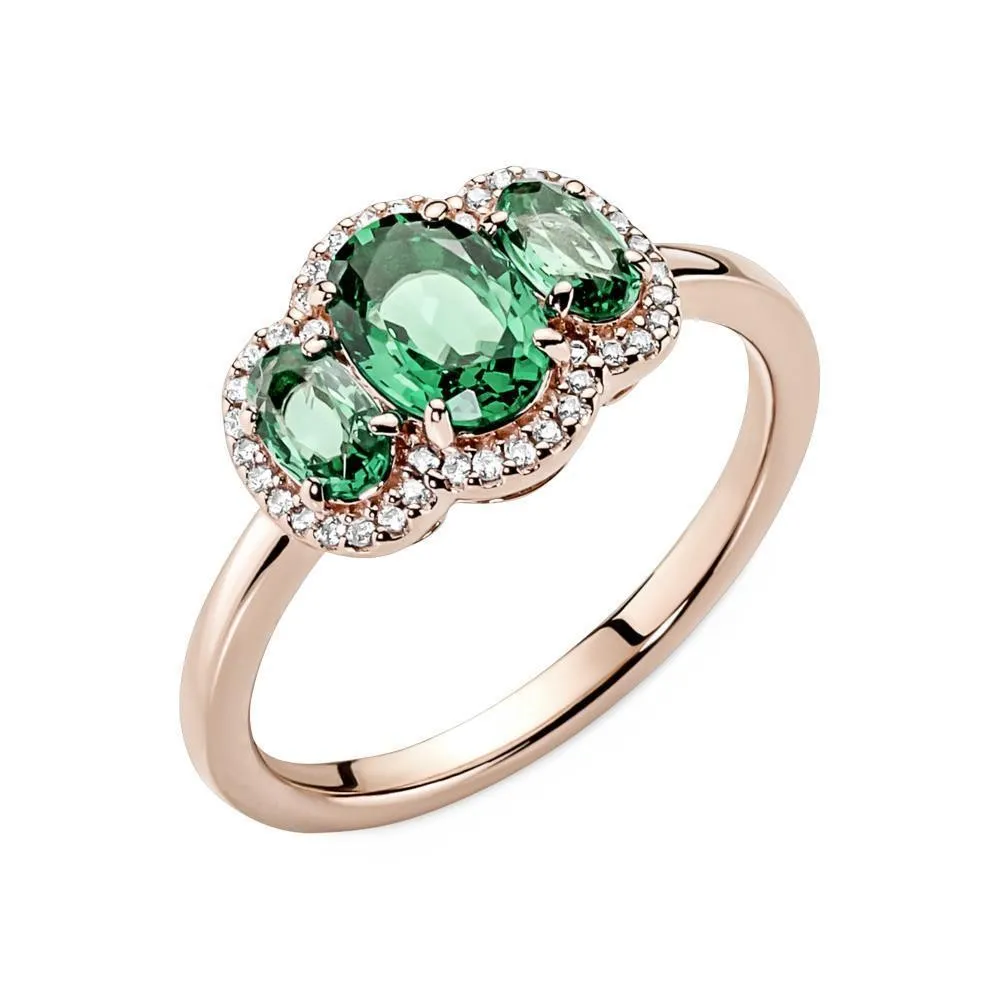 Anillo vintage con recubrimiento rosa de 14k Tres Piedras con cristales verdes
