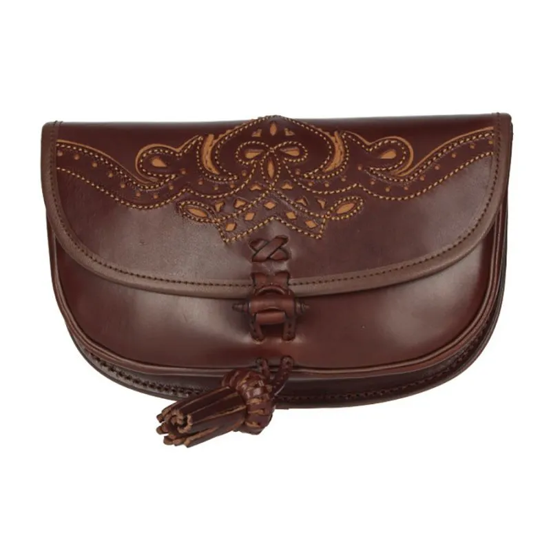Bolso rociero cuero adorno cairel hilo amarillo