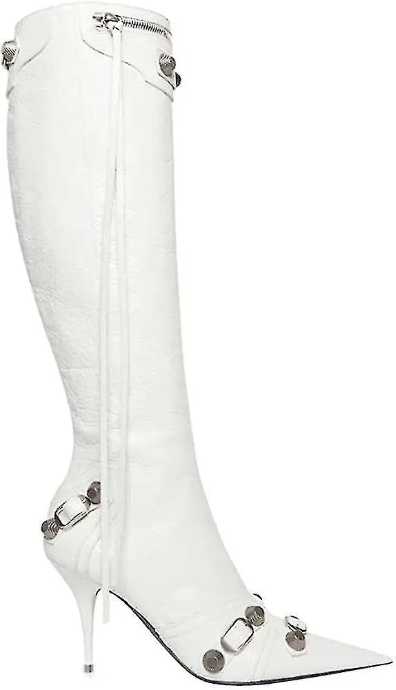 Botas altas hasta la rodilla para mujeres Stiletto Tacón de aguja Botas tachonadas Remaches puntiagudos Bota de borla Sexy Botas
