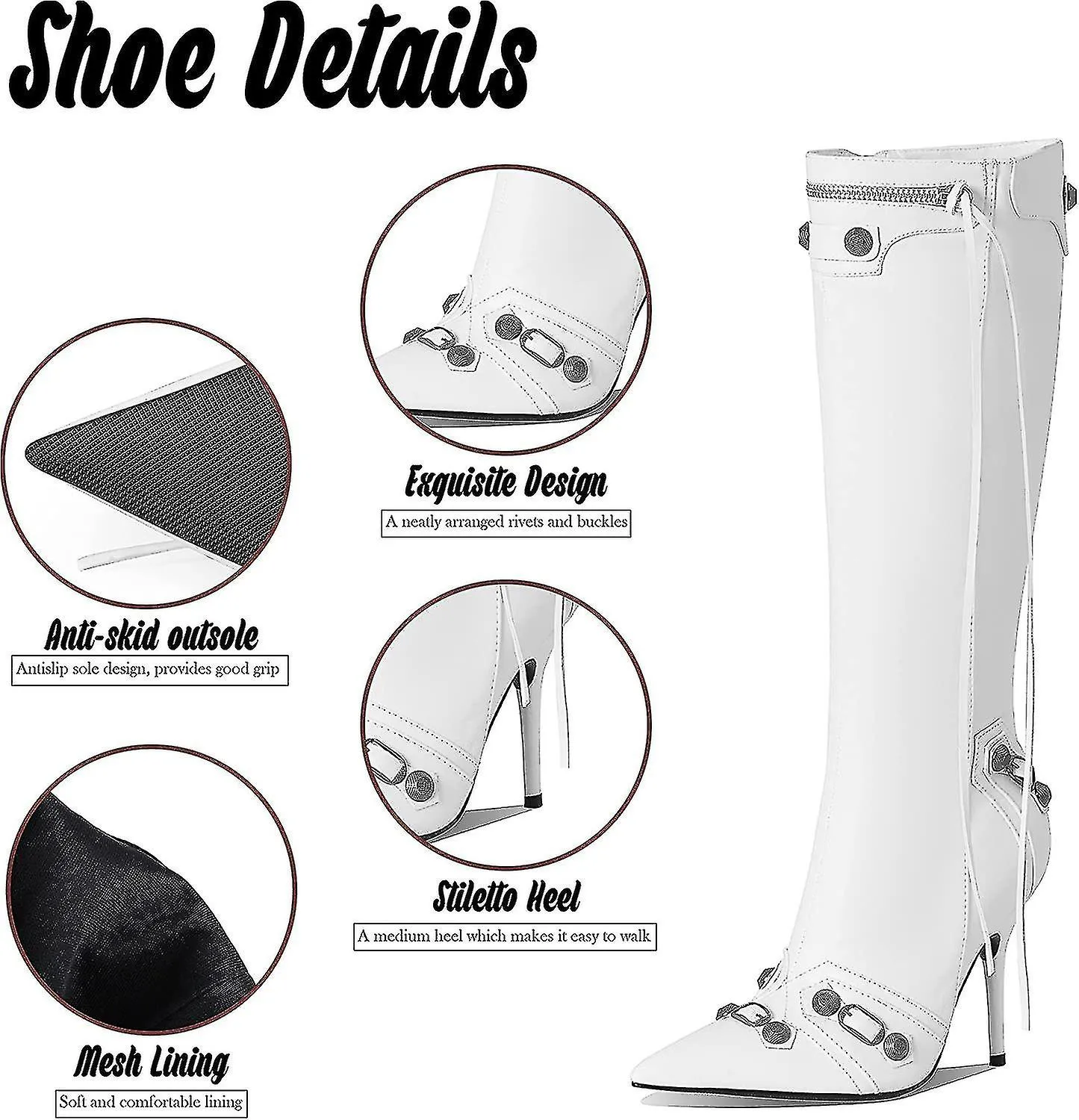 Botas altas hasta la rodilla para mujeres Stiletto Tacón de aguja Botas tachonadas Remaches puntiagudos Bota de borla Sexy Botas