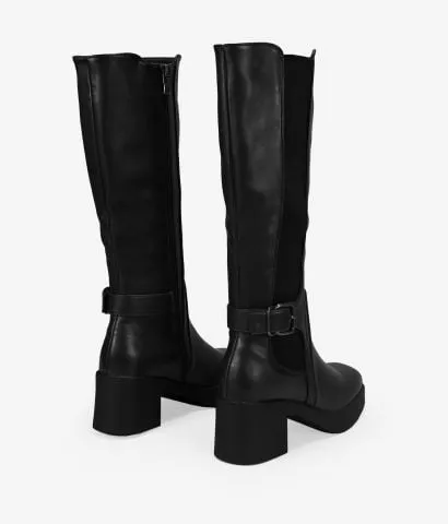 Botas altas negras con elástico y hebilla