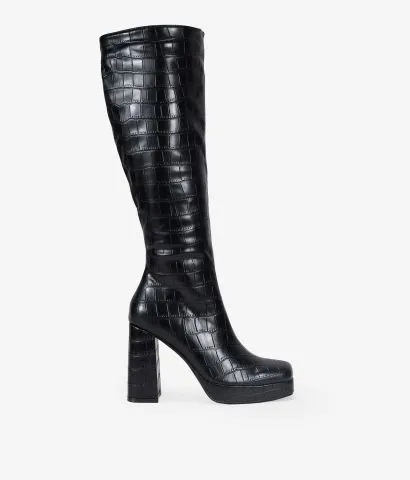 Botas altas negras efecto cocodrilo con tacón