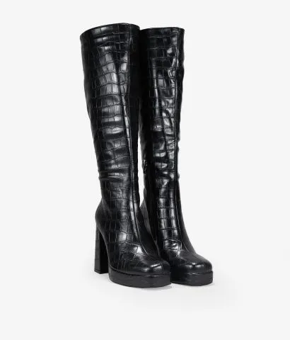 Botas altas negras efecto cocodrilo con tacón