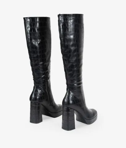 Botas altas negras efecto cocodrilo con tacón
