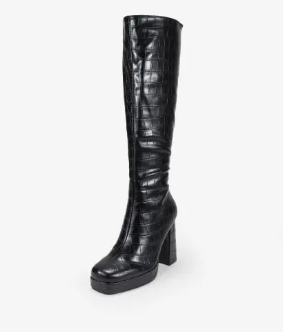 Botas altas negras efecto cocodrilo con tacón