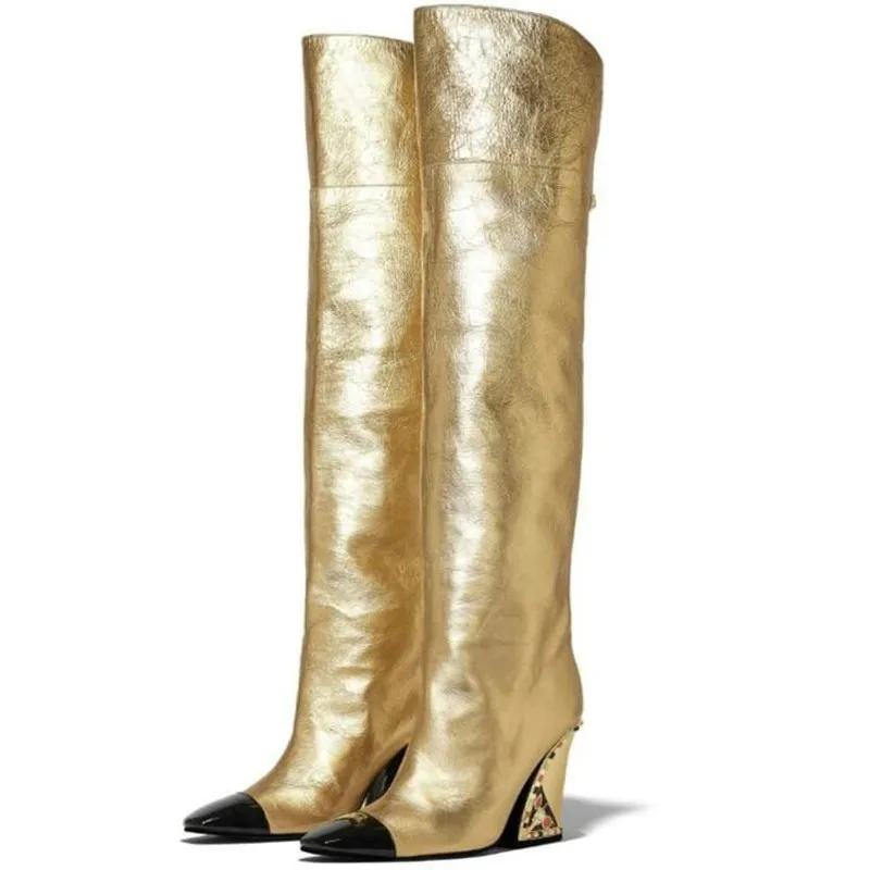 Botas de cuña para mujer, botas altas doradas para mujer, botas de invierno hasta la rodilla, zapatos de tacón alto para mujer, 