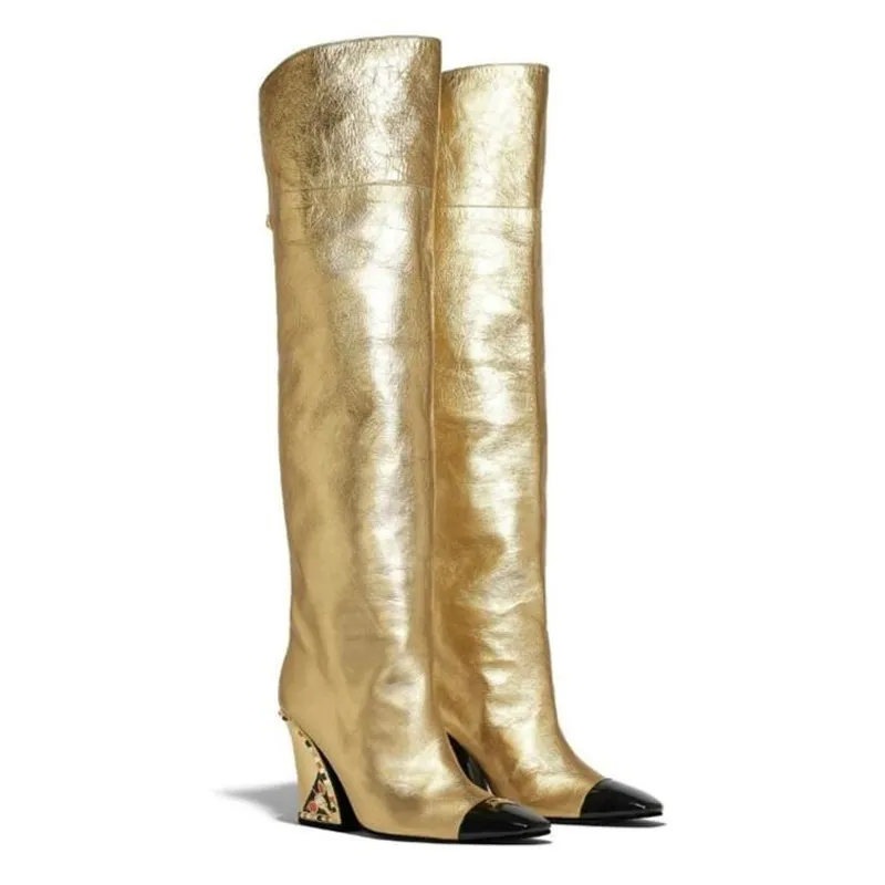 Botas de cuña para mujer, botas altas doradas para mujer, botas de invierno hasta la rodilla, zapatos de tacón alto para mujer, 