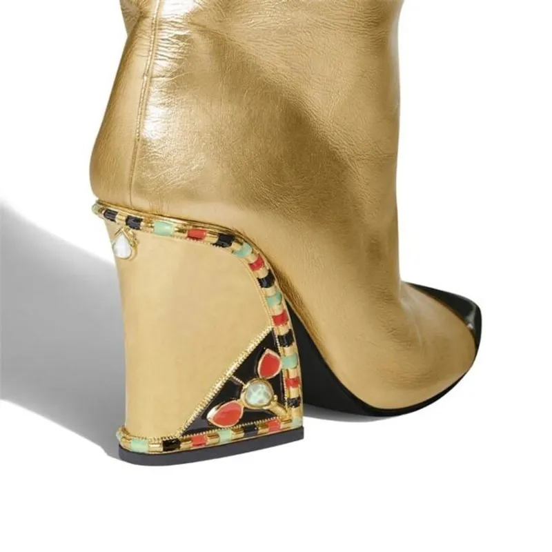 Botas de cuña para mujer, botas altas doradas para mujer, botas de invierno hasta la rodilla, zapatos de tacón alto para mujer, 