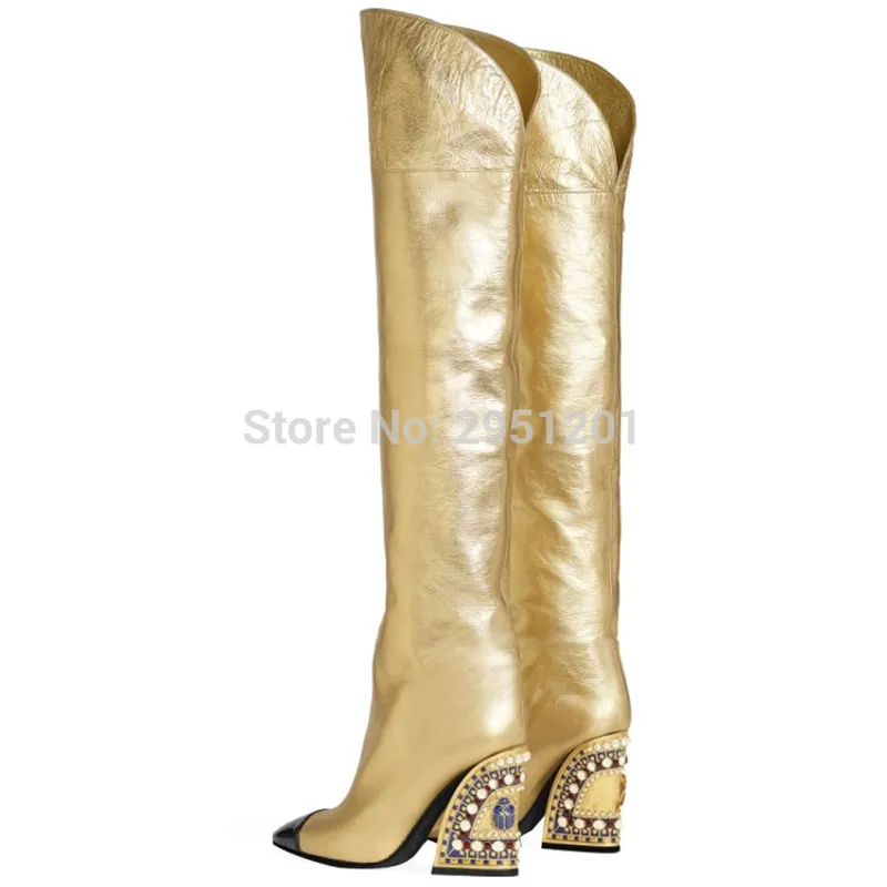 Botas de cuña para mujer, botas altas doradas para mujer, botas de invierno hasta la rodilla, zapatos de tacón alto para mujer, 
