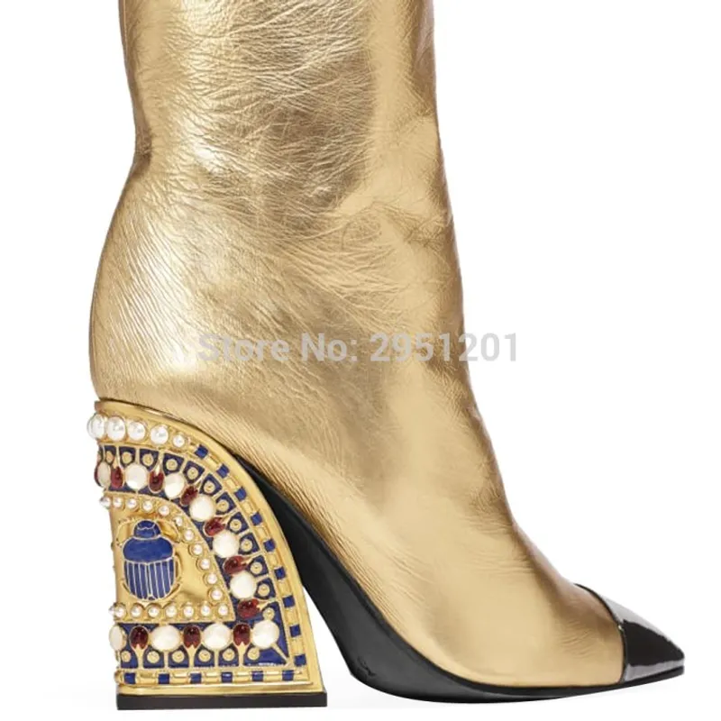 Botas de cuña para mujer, botas altas doradas para mujer, botas de invierno hasta la rodilla, zapatos de tacón alto para mujer, 