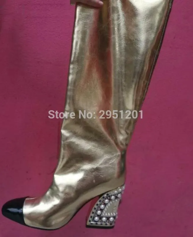 Botas de cuña para mujer, botas altas doradas para mujer, botas de invierno hasta la rodilla, zapatos de tacón alto para mujer, 