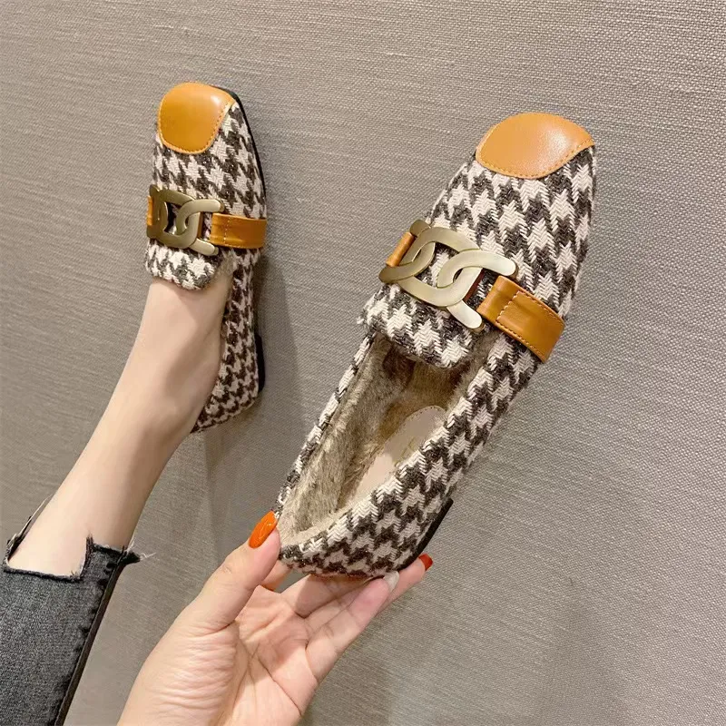 Brand Flats Cadenas D5Dea Metal Shoes Mujer Mulas de cuero Mulas EMPRADRILLES Mujeres Papasadores de leopardo Square Toe Plus