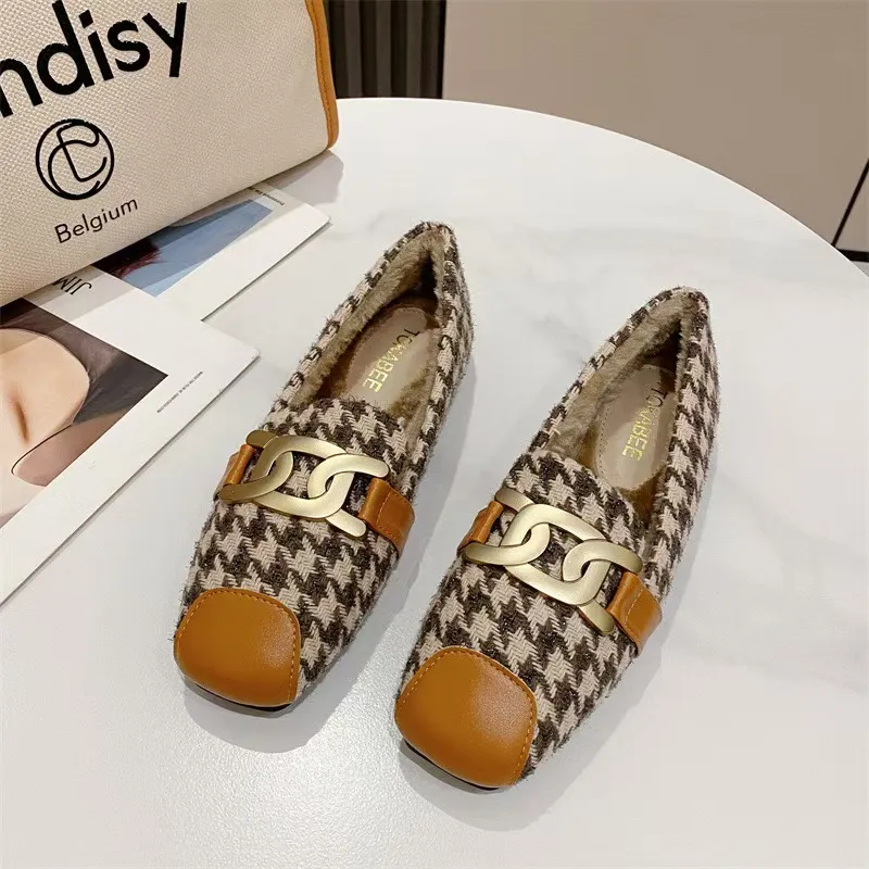 Brand Flats Cadenas D5Dea Metal Shoes Mujer Mulas de cuero Mulas EMPRADRILLES Mujeres Papasadores de leopardo Square Toe Plus
