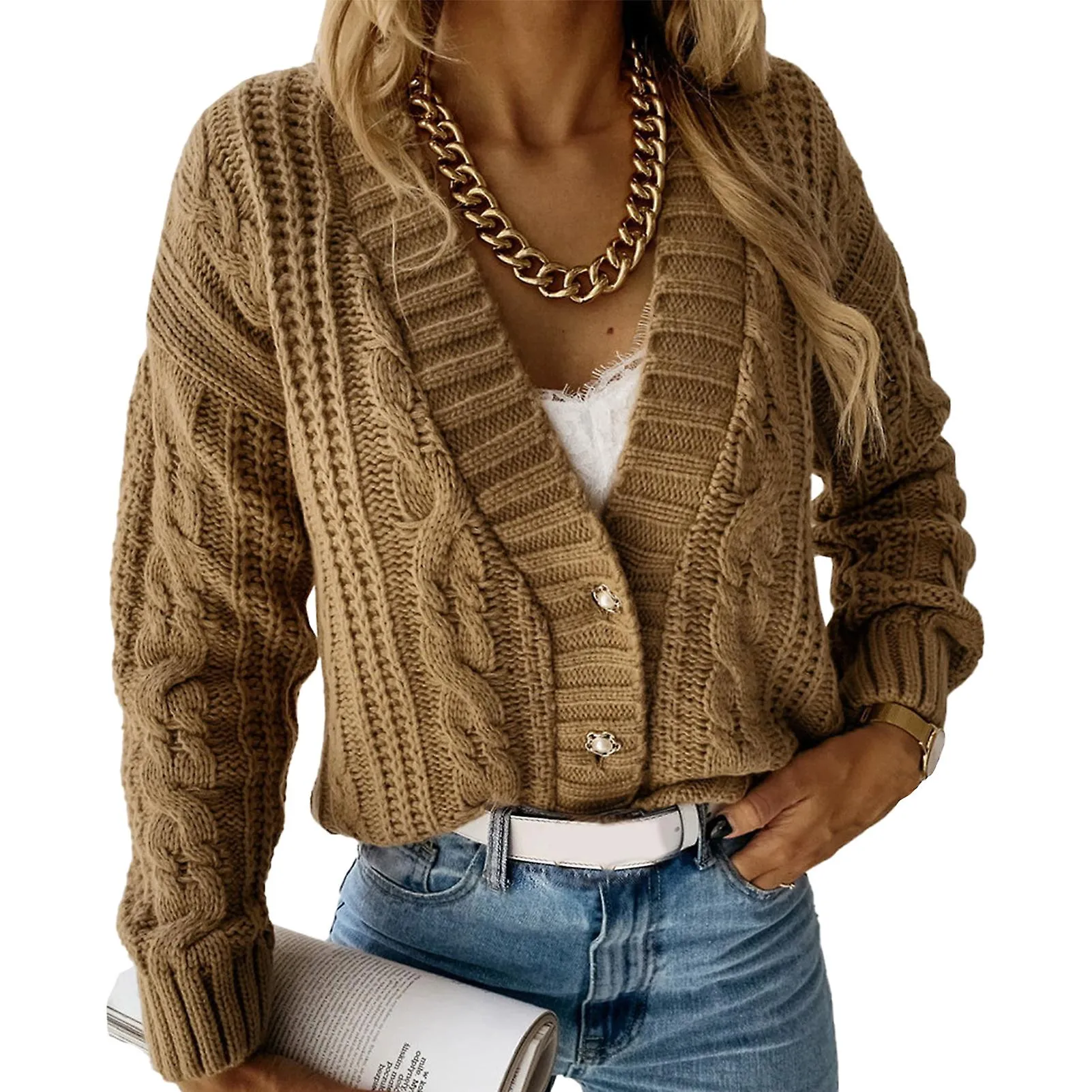 Button Down Open Front Comfortable Office Soft V Neck Lightweight Women Cardigan