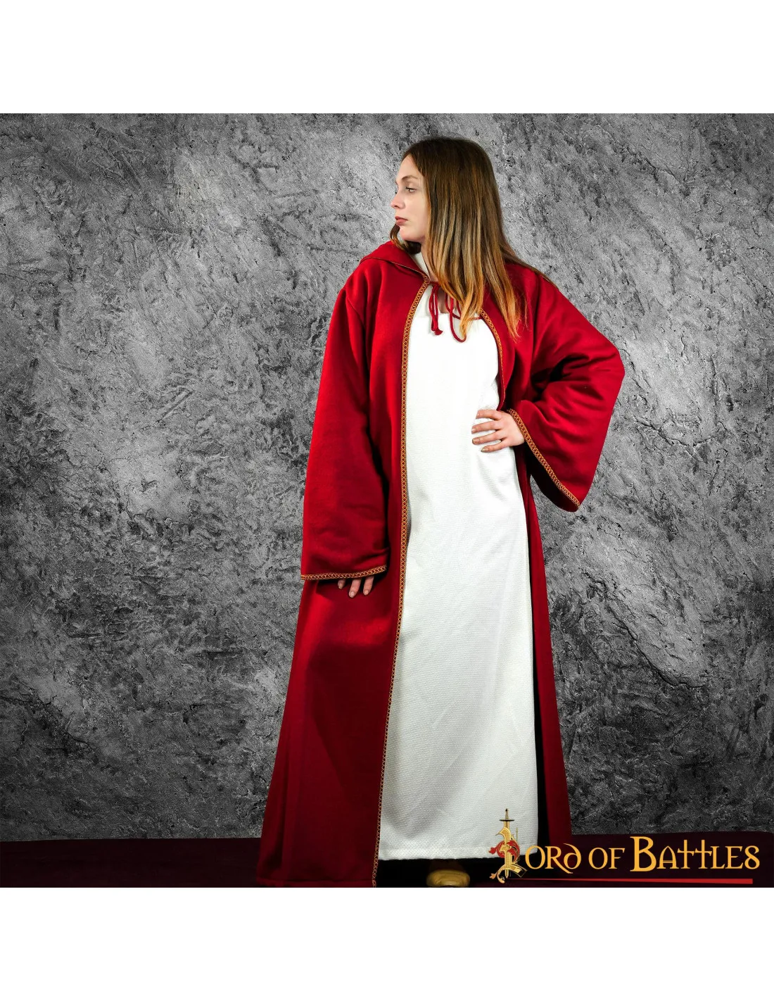 Capa medieval de invierno roja de mujer, con mangas