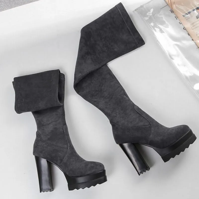COOLCEPTBOTAS ALTAS HASTA EL MUSLO PARA MUJER, ZAPATOS ELáSTICOS DE ANTE DE INVIERNO, CALZADO DE PLATAFORMA DE TACóN ALTO CUADR