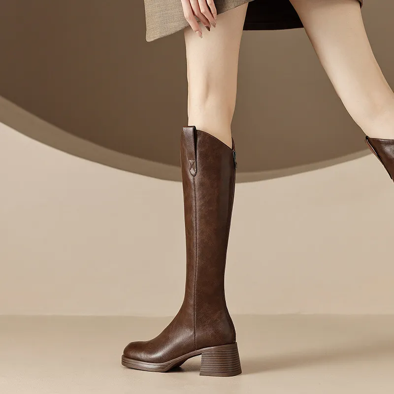 Cuero genuino mujer alta tacones gruesos botas altas botas otoño invierno damas calientes zapatos largos diseñador negro elegant