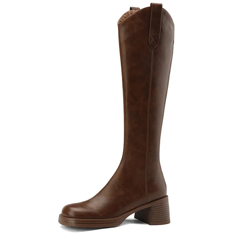 Cuero genuino mujer alta tacones gruesos botas altas botas otoño invierno damas calientes zapatos largos diseñador negro elegant
