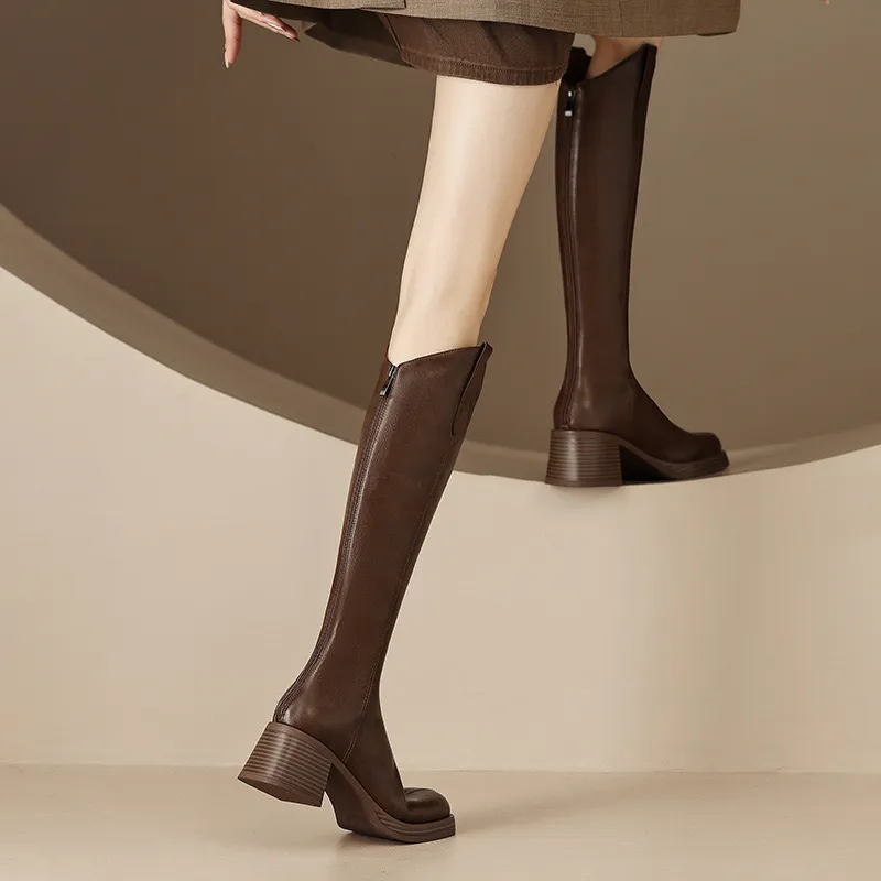 Cuero genuino mujer alta tacones gruesos botas altas botas otoño invierno damas calientes zapatos largos diseñador negro elegant
