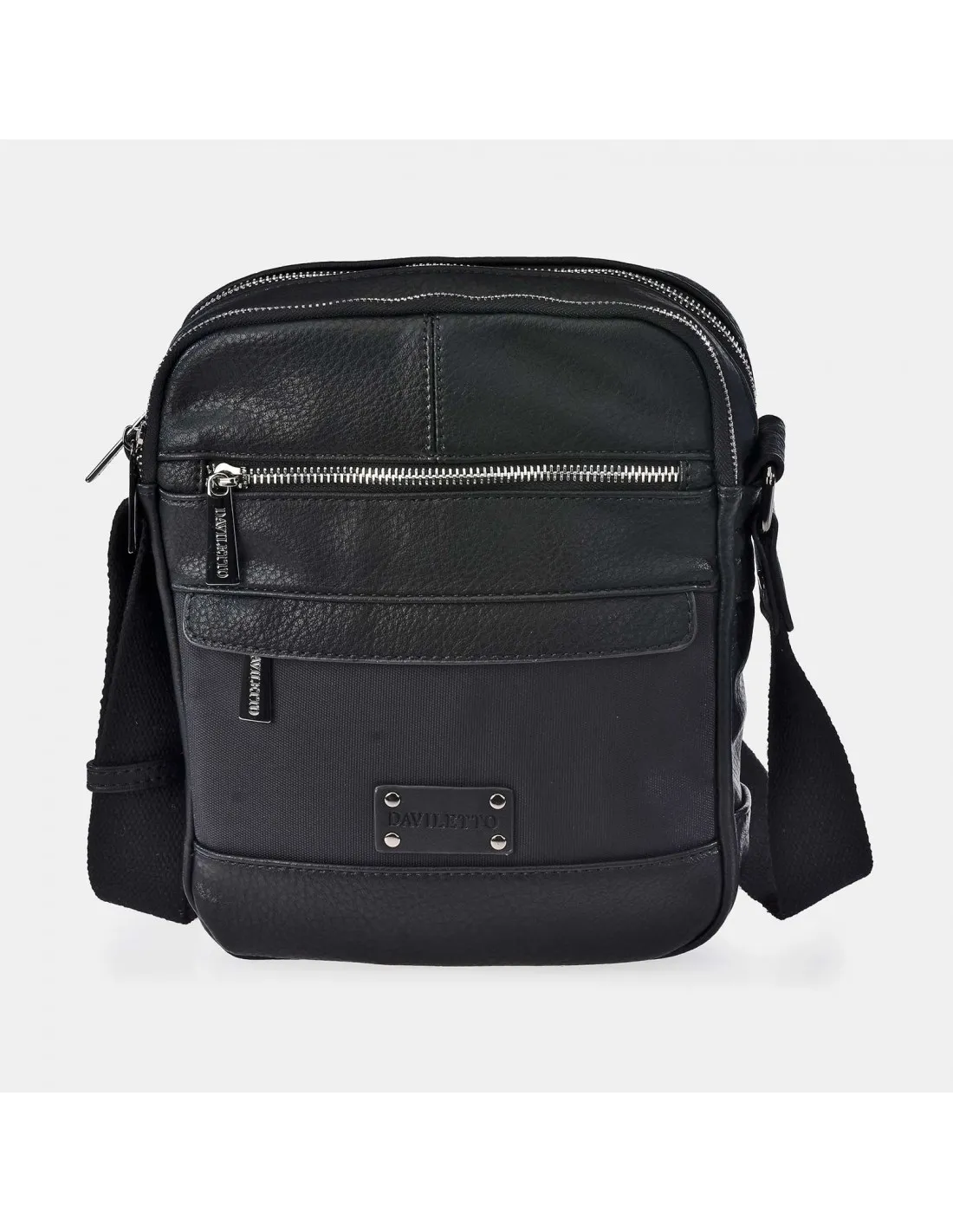 DAVILETTO  bolso bandolera para hombre en Nylon color negro y piel con cremalleras