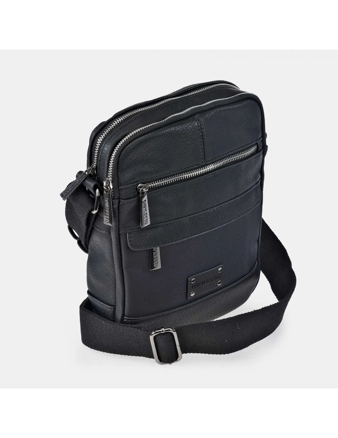 DAVILETTO  bolso bandolera para hombre en Nylon color negro y piel con cremalleras