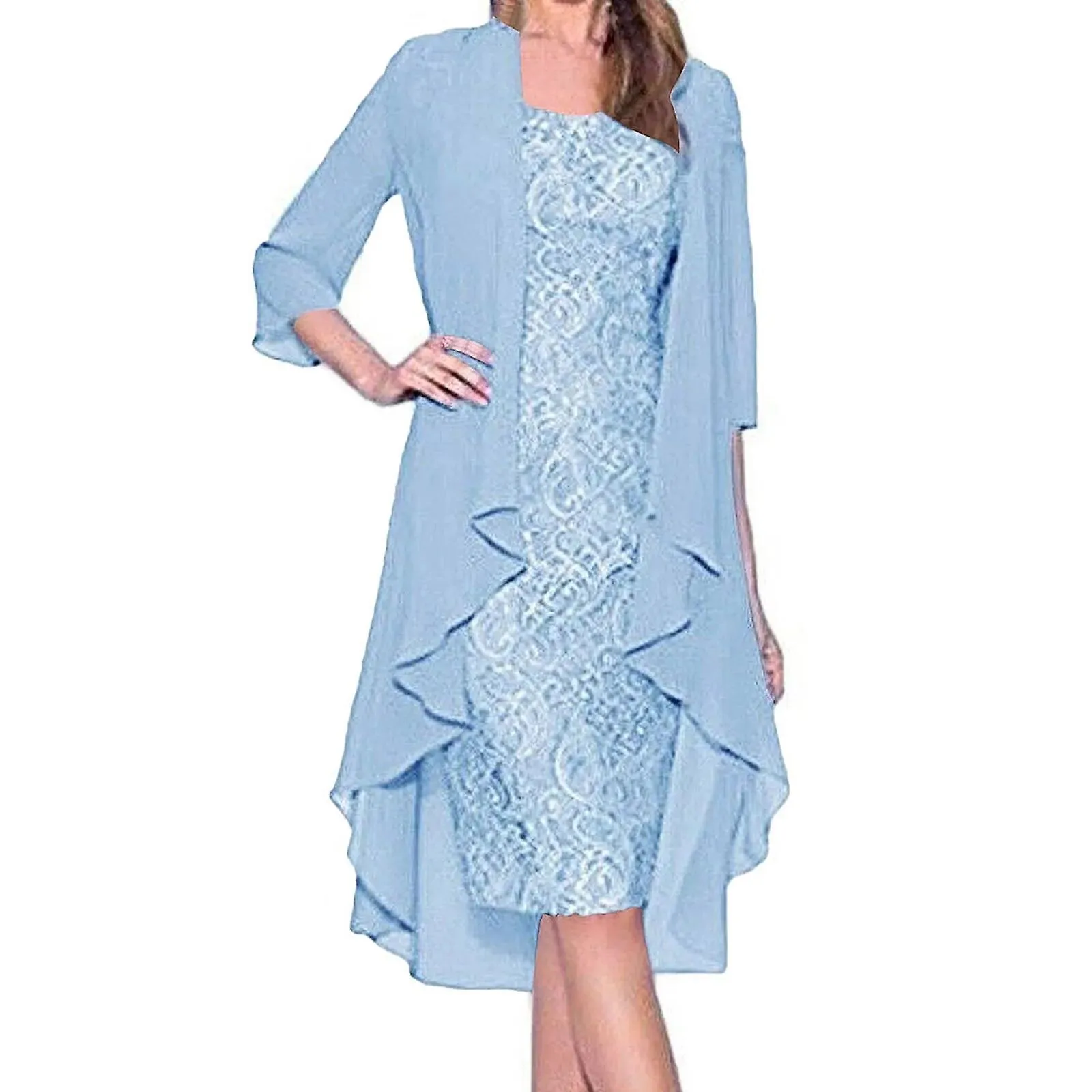 DRESS SETS WOMENS LADY ELEGANT 2PIECE OUTFITS FLORAL LACE SLEEVELESS BODYCON DRESS AND 3/4 DRAPED CHIFFON LONG CARDIGAN SUIT