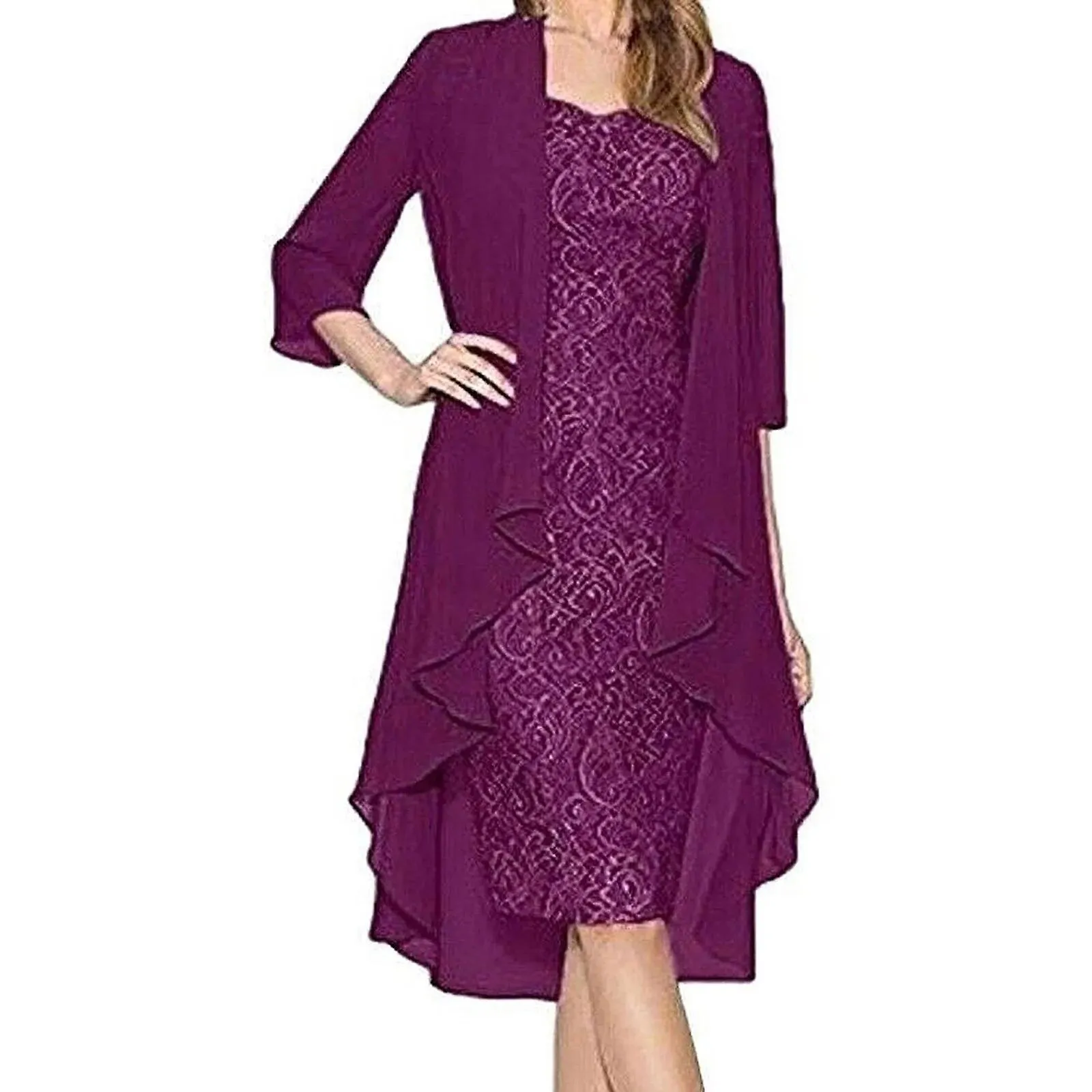 DRESS SETS WOMENS LADY ELEGANT 2PIECE OUTFITS FLORAL LACE SLEEVELESS BODYCON DRESS AND 3/4 DRAPED CHIFFON LONG CARDIGAN SUIT