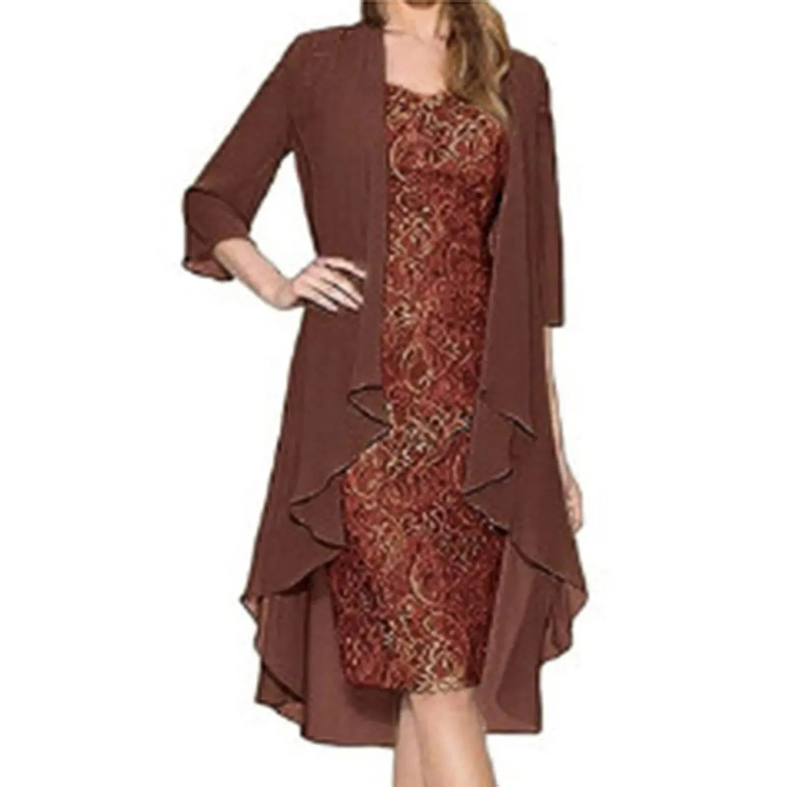 DRESS SETS WOMENS LADY ELEGANT 2PIECE OUTFITS FLORAL LACE SLEEVELESS BODYCON DRESS AND 3/4 DRAPED CHIFFON LONG CARDIGAN SUIT