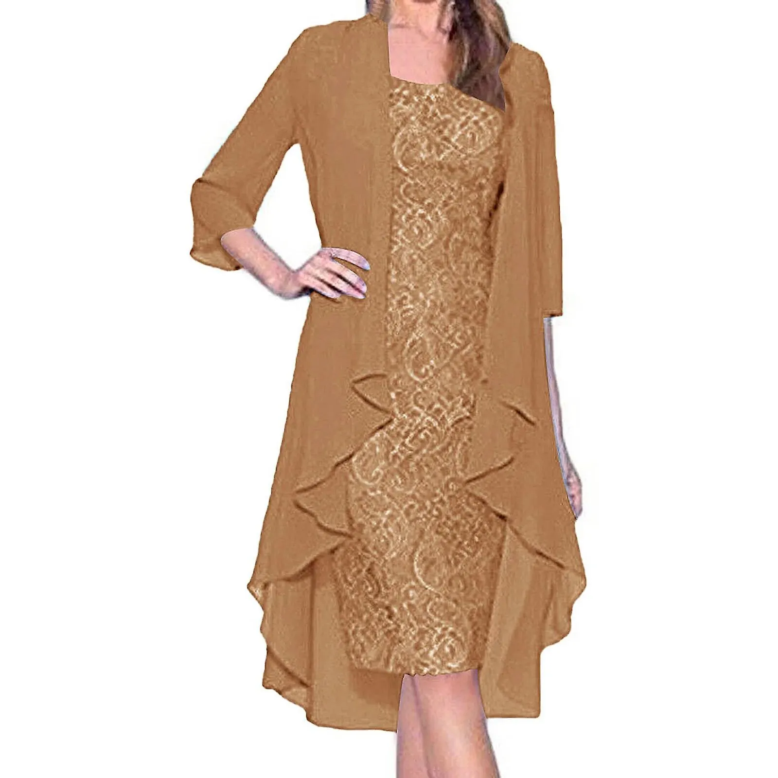 DRESS SETS WOMENS LADY ELEGANT 2PIECE OUTFITS FLORAL LACE SLEEVELESS BODYCON DRESS AND 3/4 DRAPED CHIFFON LONG CARDIGAN SUIT