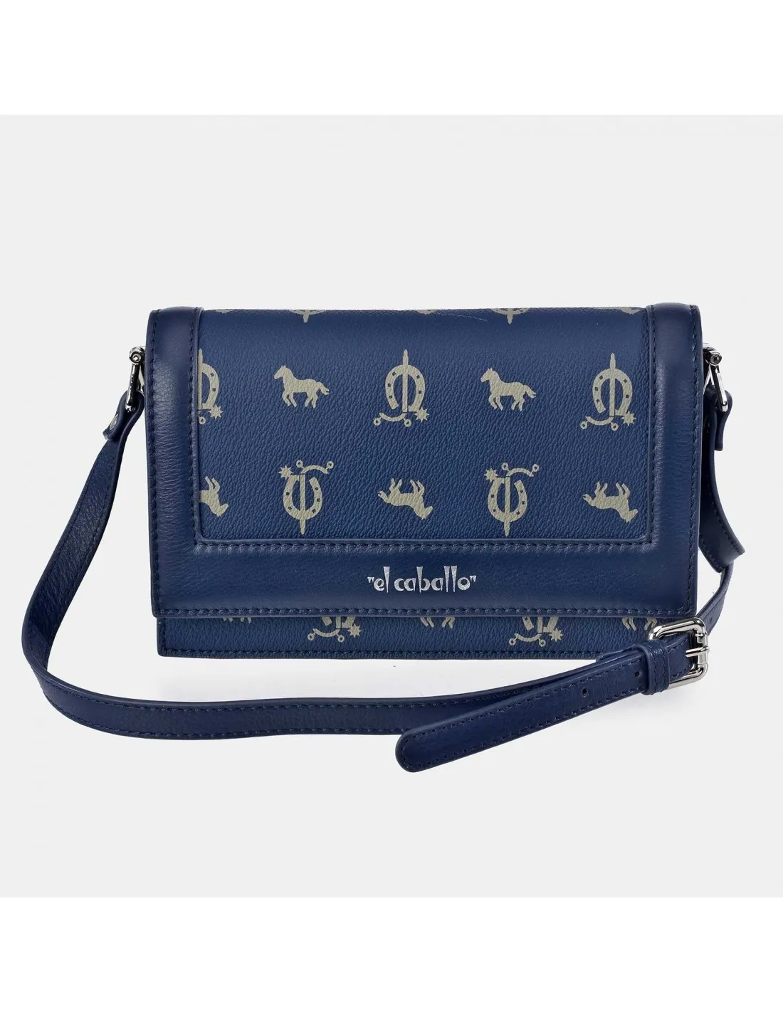EL CABALLO Bolso de bandolera cuadrado con solapa en piel y lona estampada
