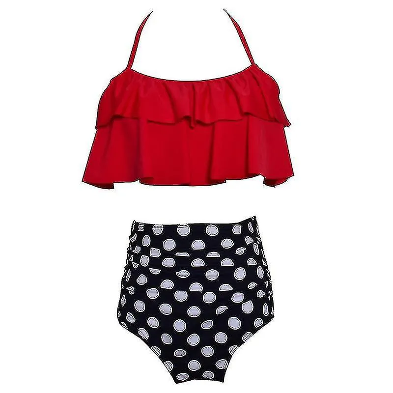 Estampado Rojo Flounce Diseño Madre Hija Bikini Traje de Baño