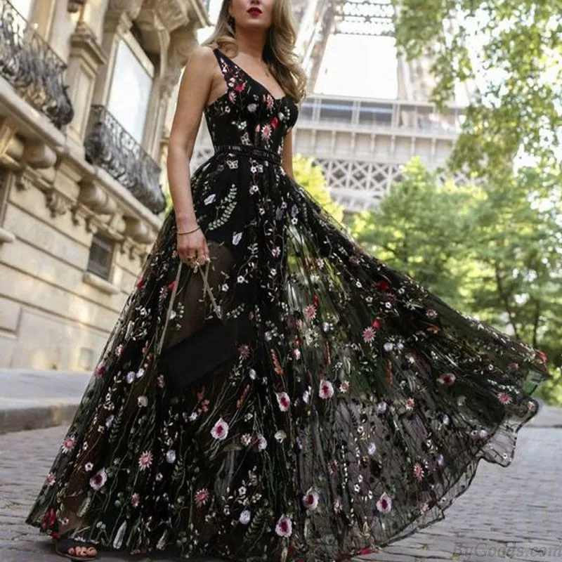Fashion Deep V Neck Backless Maxi Club Party Evening Dress Prom Dress Long Skirt Black Sleeveless Flowers Embroidered Dress