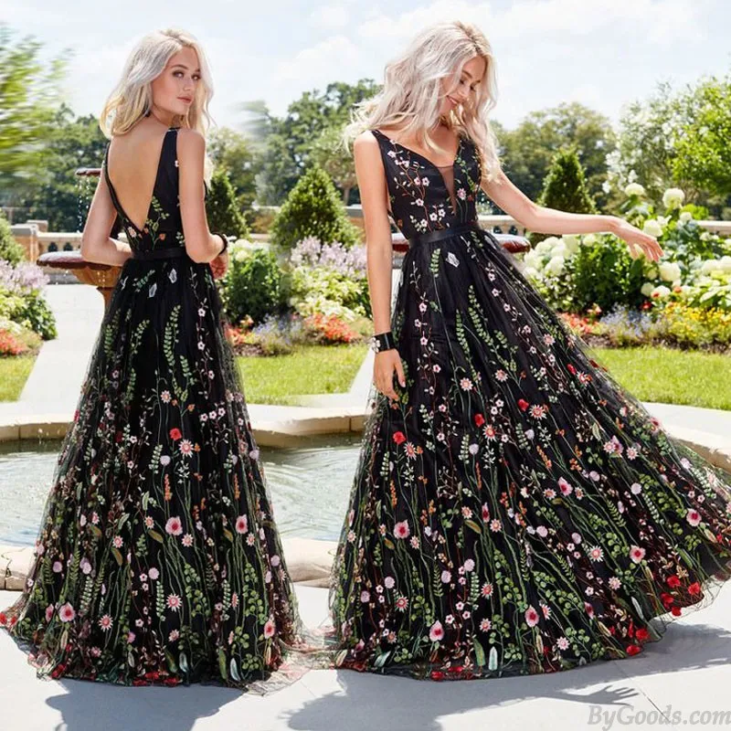 Fashion Deep V Neck Backless Maxi Club Party Evening Dress Prom Dress Long Skirt Black Sleeveless Flowers Embroidered Dress