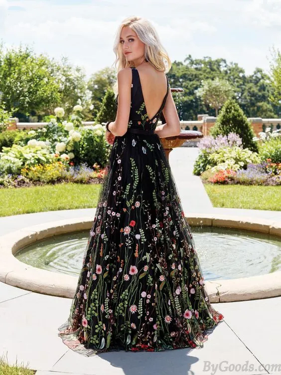 Fashion Deep V Neck Backless Maxi Club Party Evening Dress Prom Dress Long Skirt Black Sleeveless Flowers Embroidered Dress