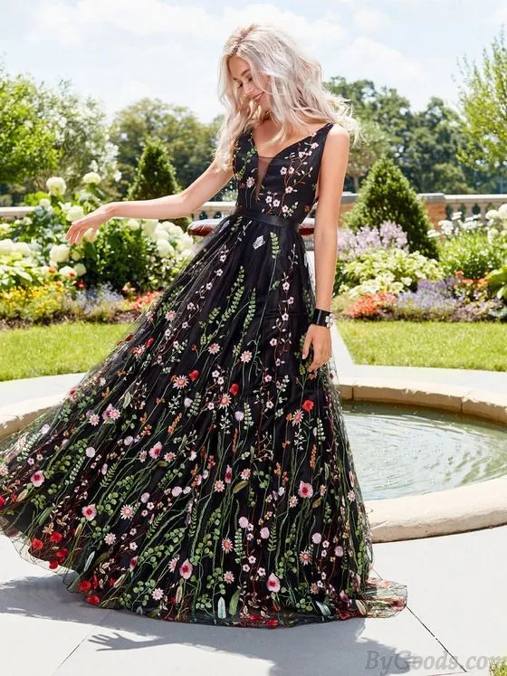 Fashion Deep V Neck Backless Maxi Club Party Evening Dress Prom Dress Long Skirt Black Sleeveless Flowers Embroidered Dress