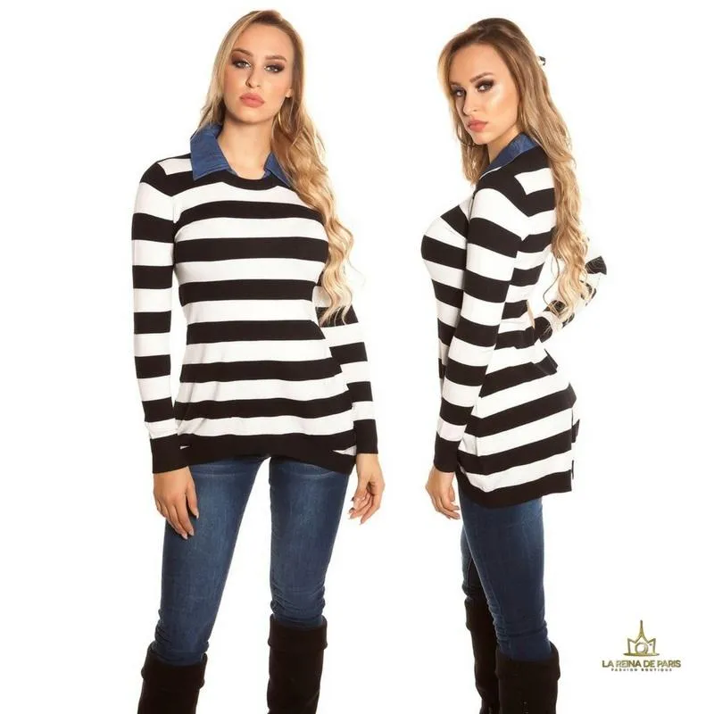 Jumper trendy largo con cuello de jean 