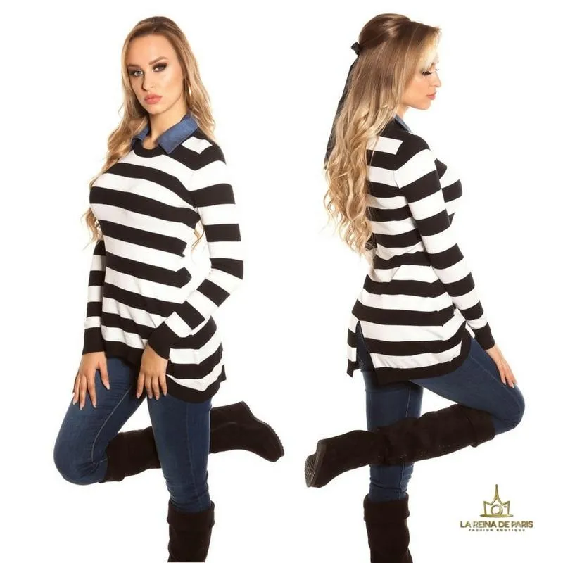 Jumper trendy largo con cuello de jean 