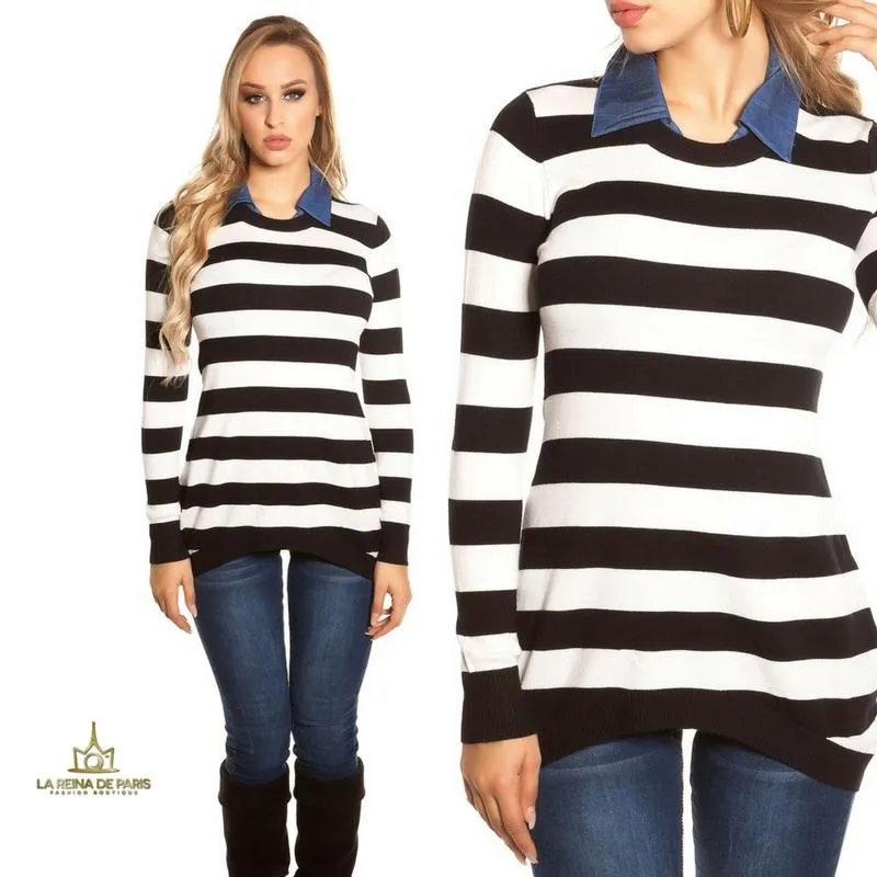 Jumper trendy largo con cuello de jean 