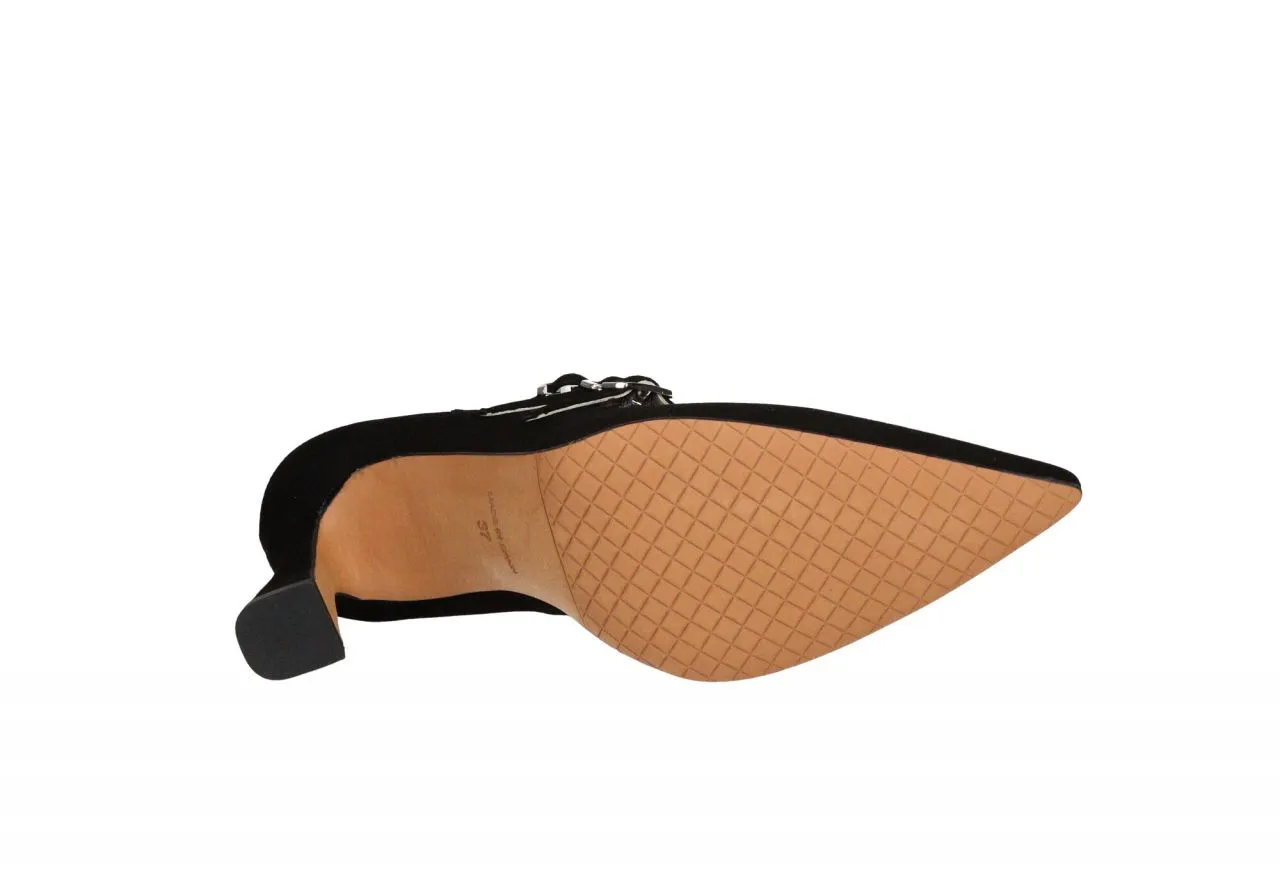 Mercedes Ante Negro 4 Correas Hebillas Plateadas Tacon Alto