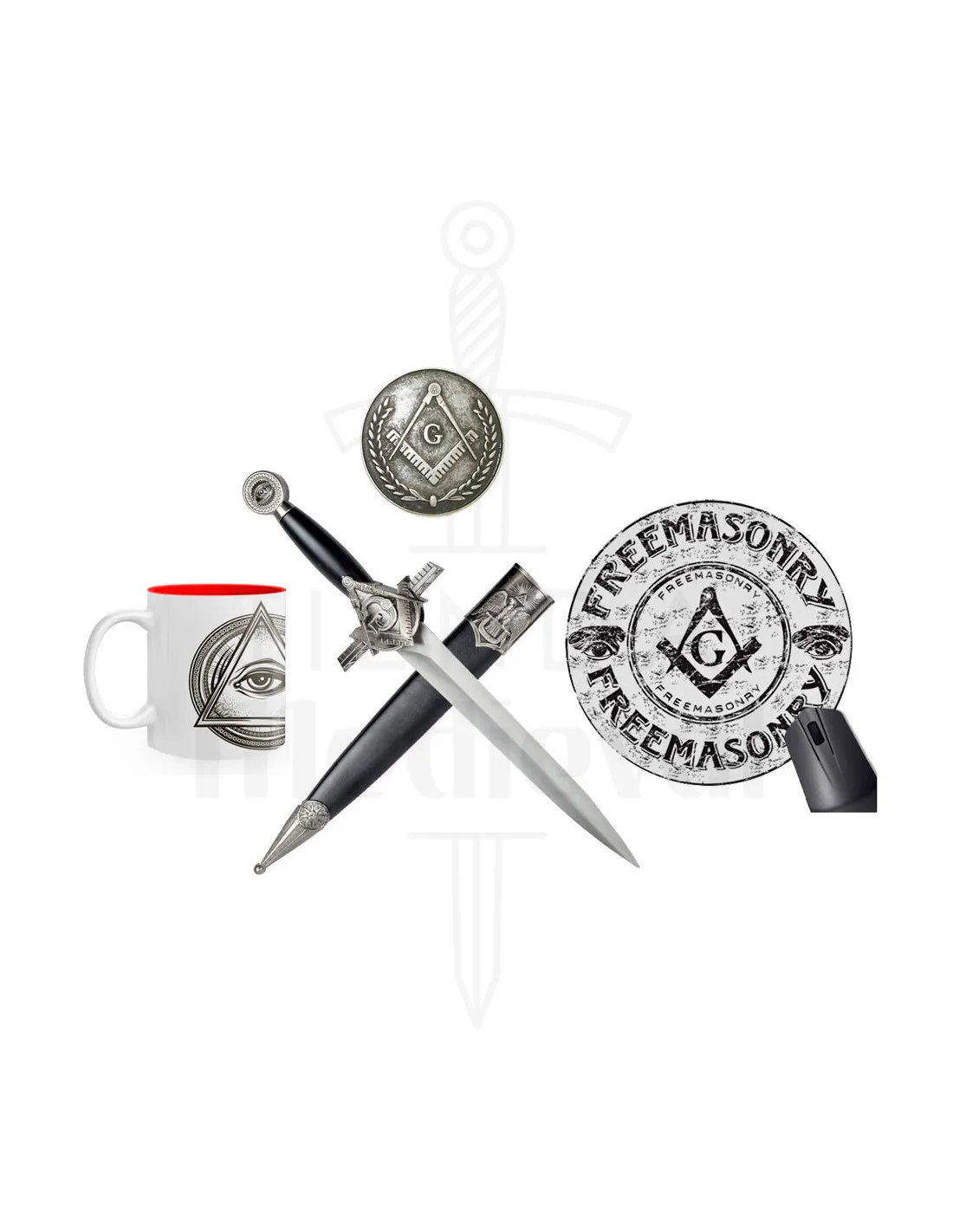 Pack escritorio masónico: Daga, taza, pisapapeles y alfombrilla