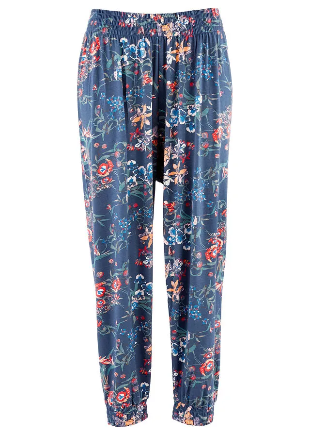 Pantalón bombacho de viscosa sostenible con cintura cómoda índigo con flores