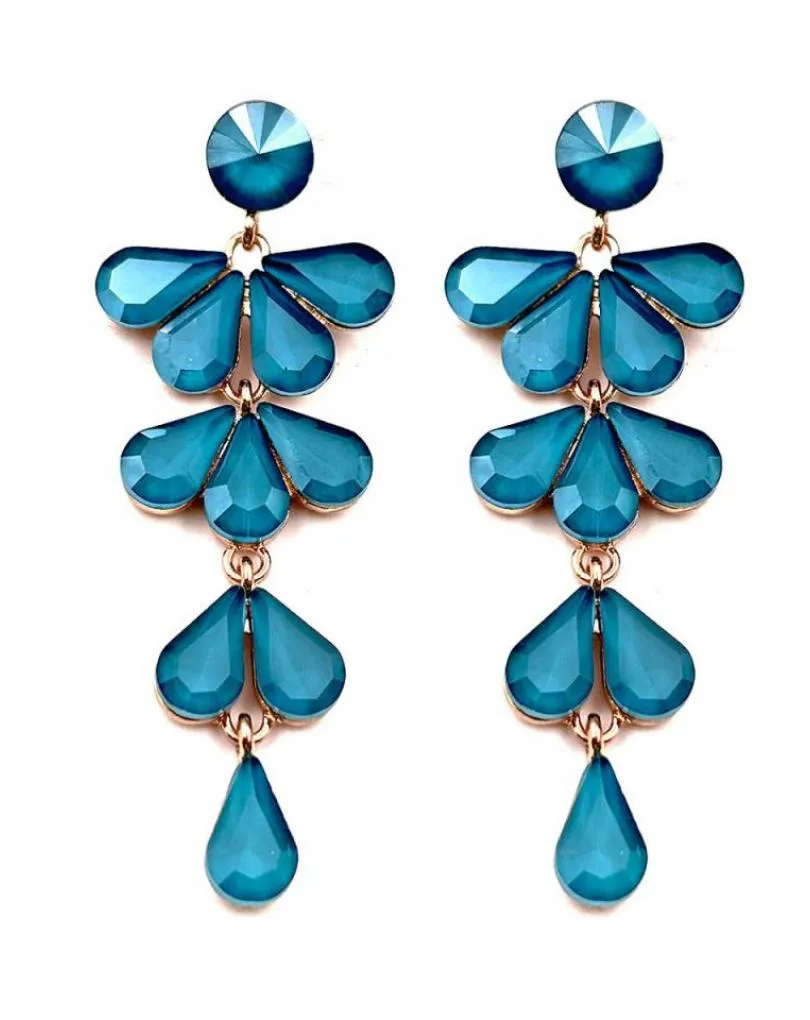 PENDIENTES LARGOS AZUL PETROLEO PRECIOSO DISEÑO CASCADA DE ABANICOS PARA BODAS DE NOCHE
